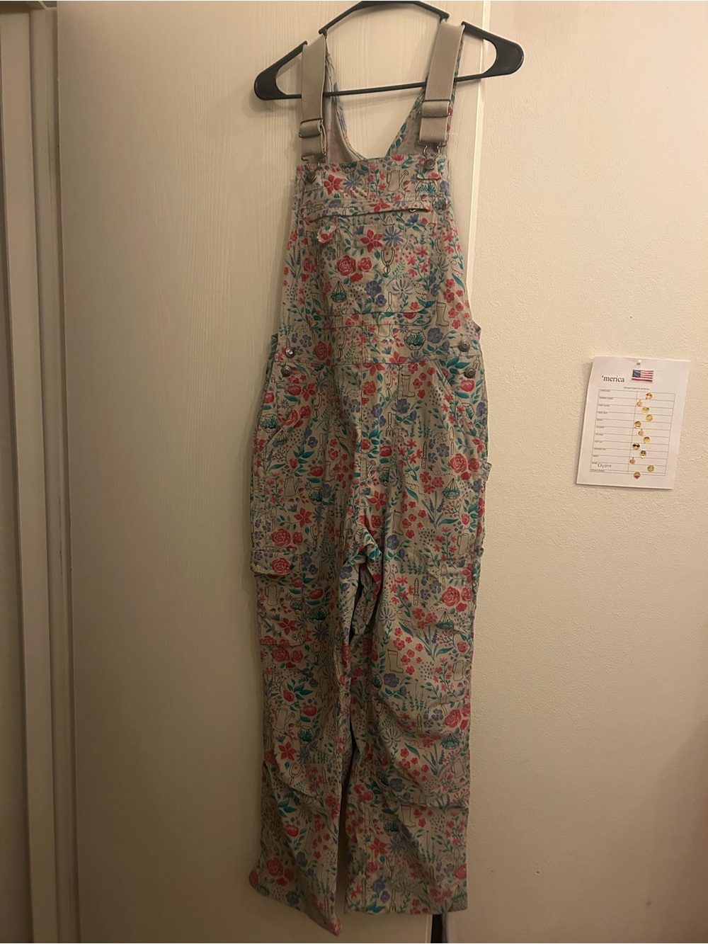 Duluth Trading Co Floral Print Overalls in Pink & Teal